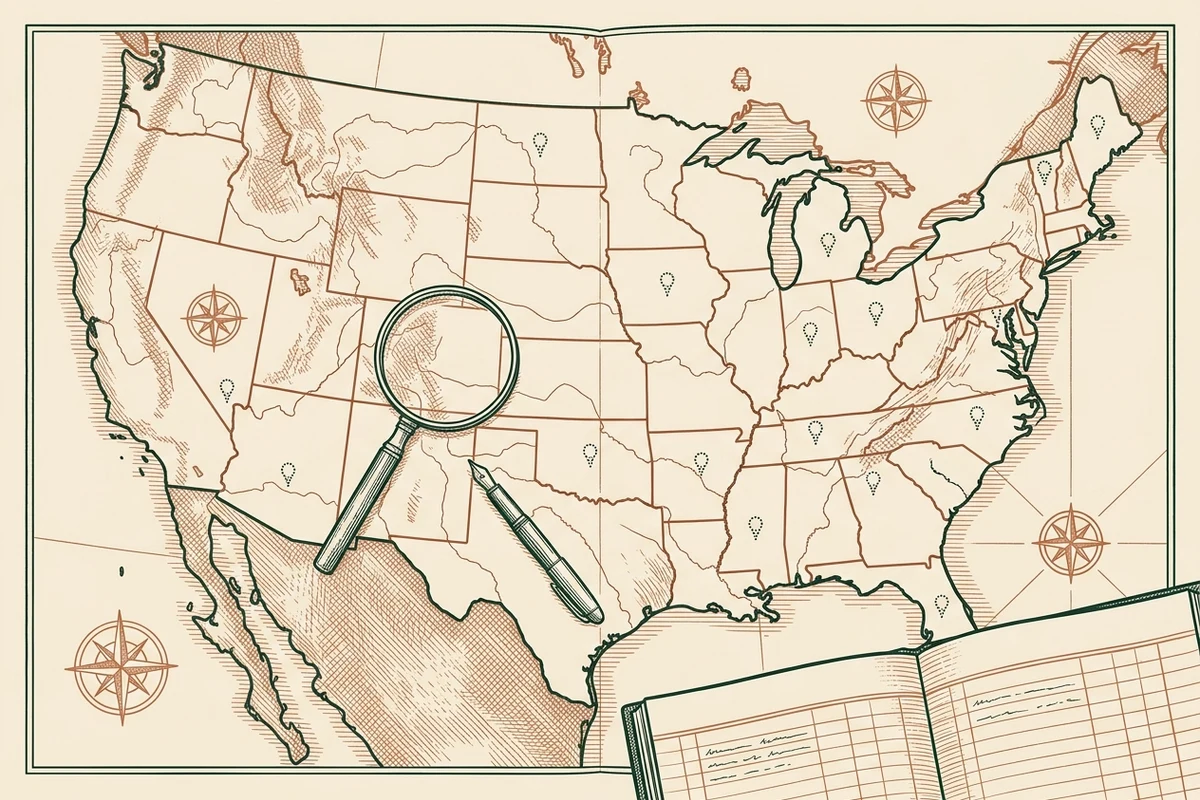 Illustrated atlas plate motif: an engraved-style outline map of the United States with a magnifying glass, compass roses, a fountain pen, and scattered location pins, representing state-by-state licensing requirements checked one board at a time.