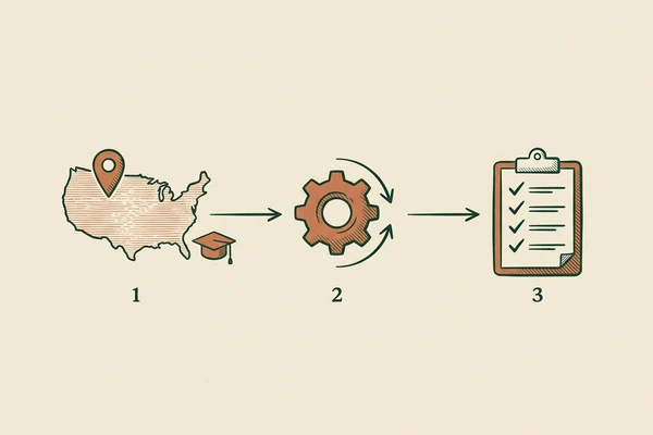 Diagram: pick your state and education level, the wizard resolves your Administrator-in-Training hours and exams, and returns a dated checklist.